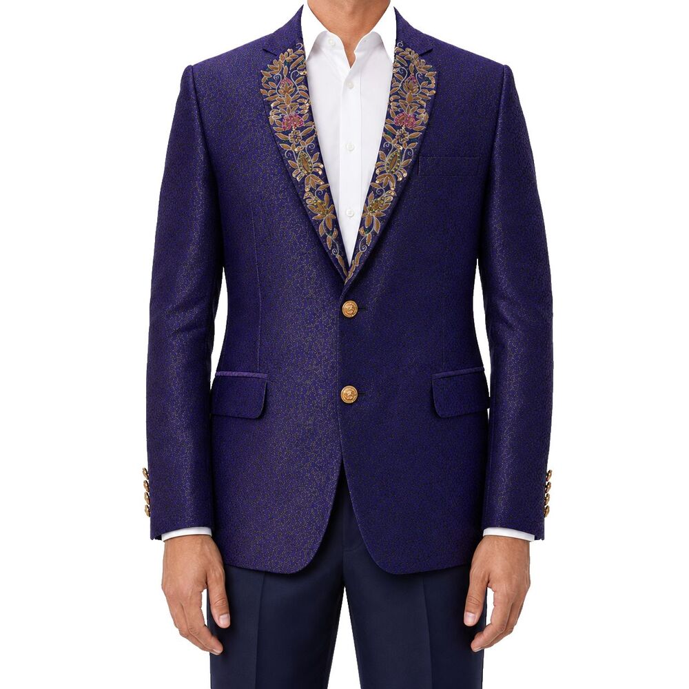 Mens 42R Purple Jacquard Blazer Hand Embroidered Jeweled Tuxedo Suit Jacket